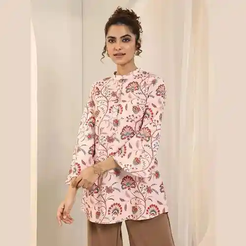 Libas Peach Floral Silk Blend Kurti